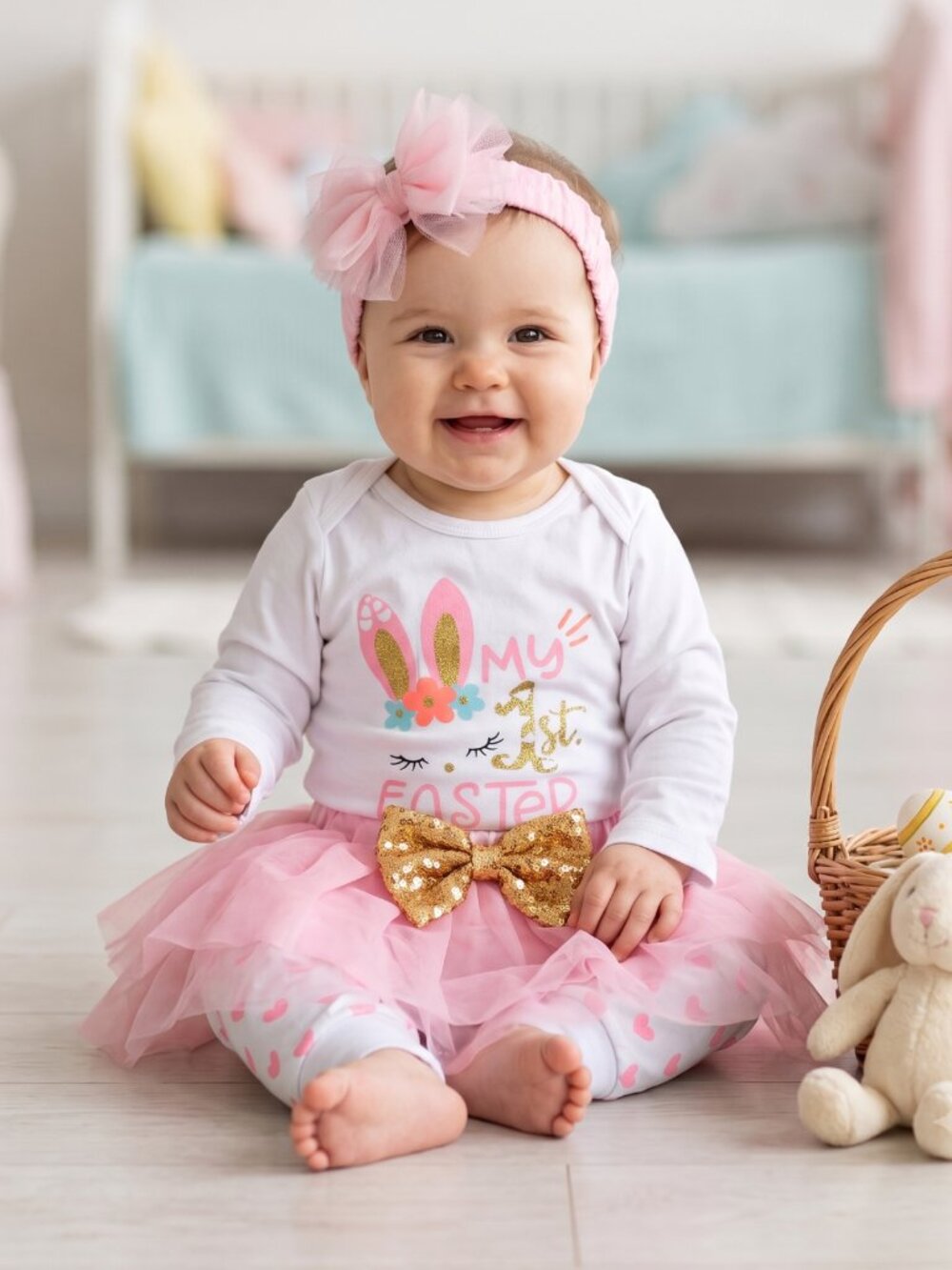 NWOT | "My 1st Easter" 4-Piece Baby Girl Outfit | Tutu, Bow & Leggings | 6-9M